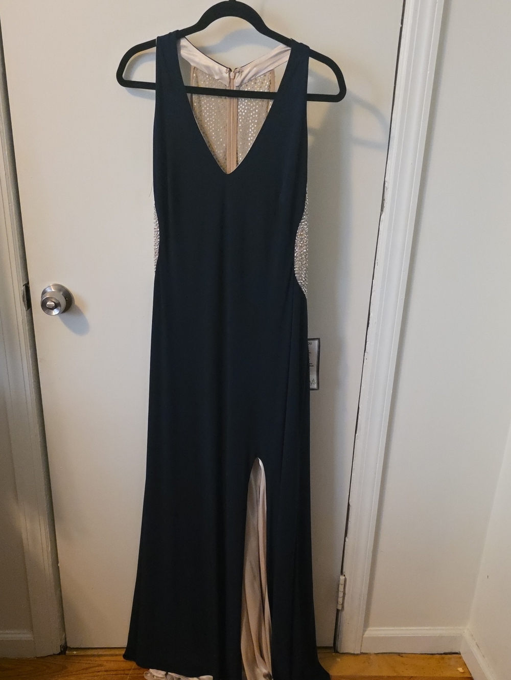 Xscape Black Maxi Gown with Beige Lining and Side Rhinestones